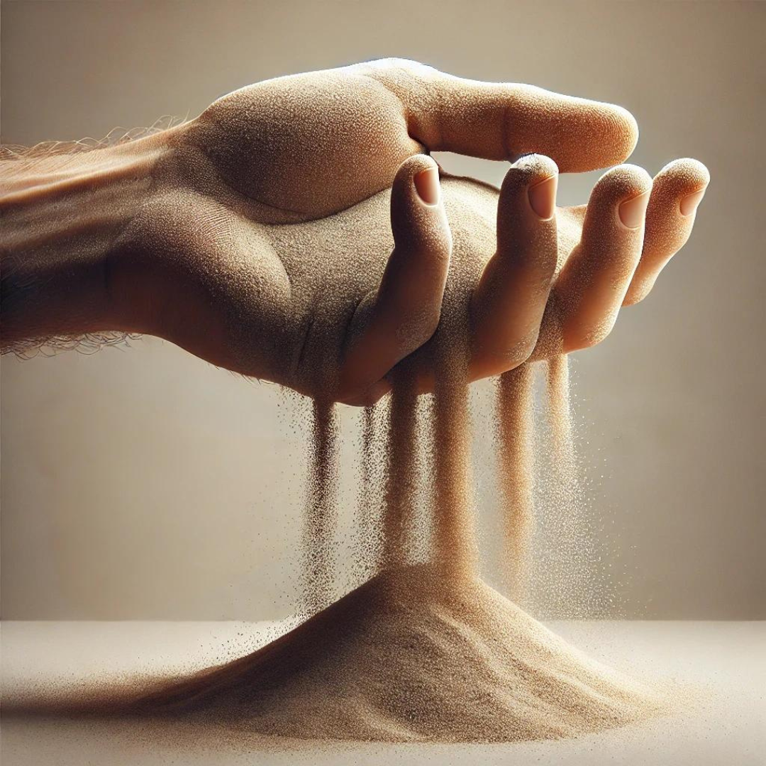 A realistic image of a hand holding a pile of sand, with the sand sifting through the fingers and falling away. The image symbolizes the concept of letting go, set against a neutral background with soft lighting that highlights the details of the hand and sand.